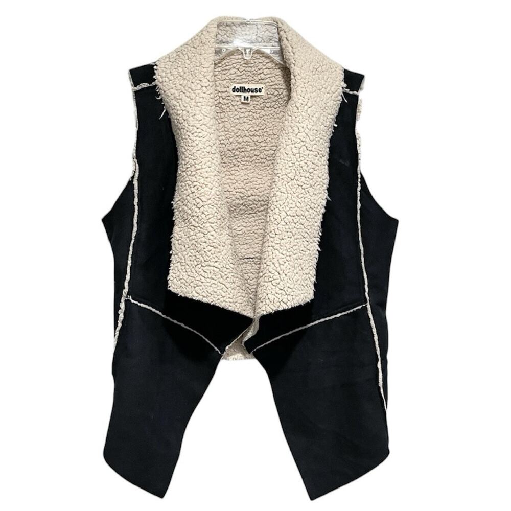 Y2K Dollhouse Faux Suede Sherpa Lined Vest Size Medium Black Beige Indie